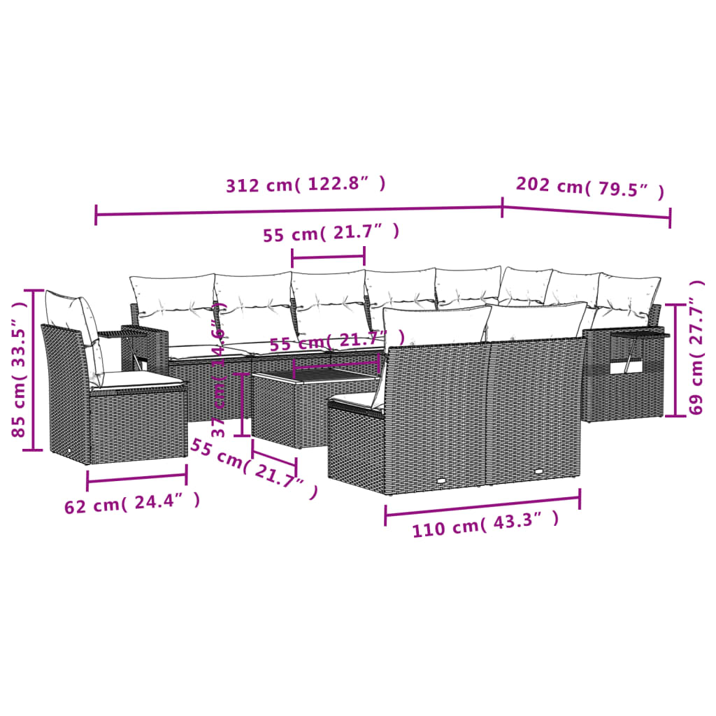 vidaXL Salon de jardin 11 pcs avec coussins gris résine tressée