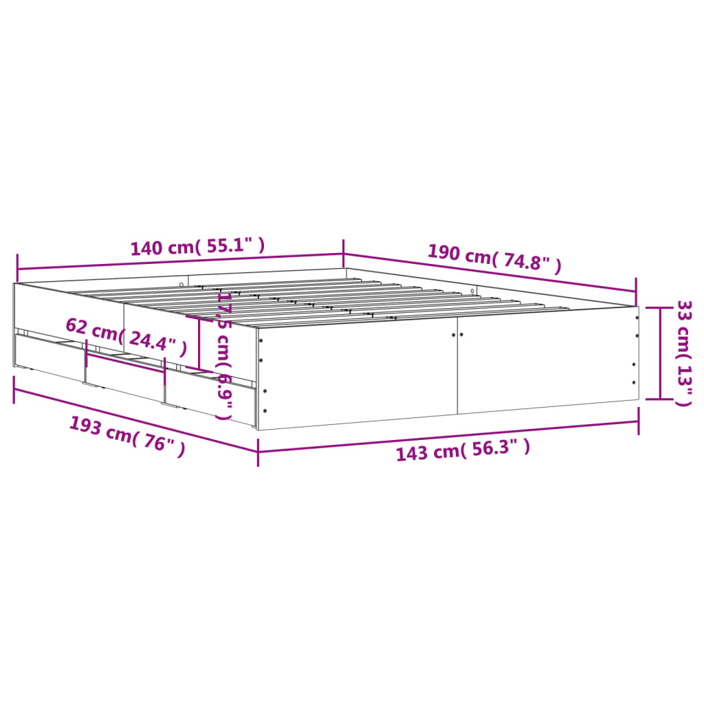 vidaXL Cadre de lit et tiroirs sonoma gris 140x190 cm bois ingénierie