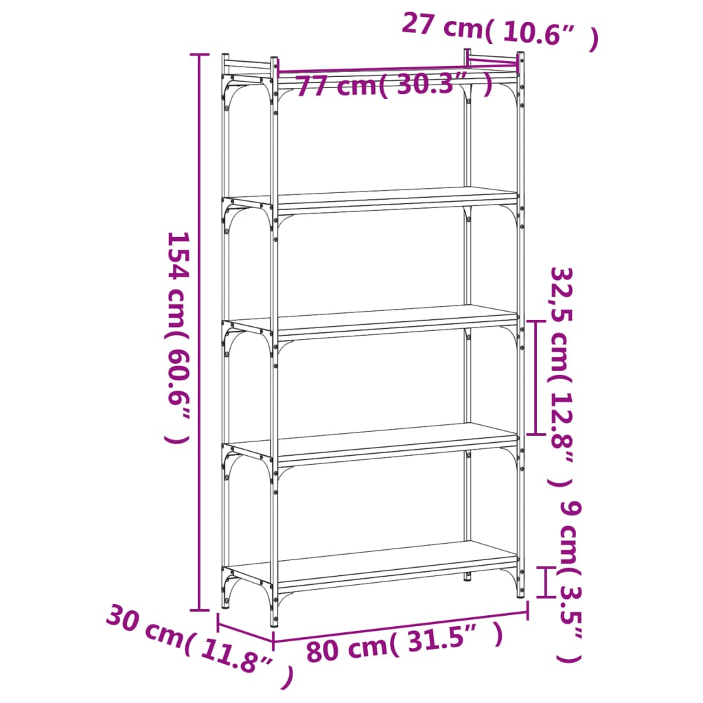 vidaXL Bibliothèque 5 niveaux chêne marron 80x30x154cm bois ingénierie