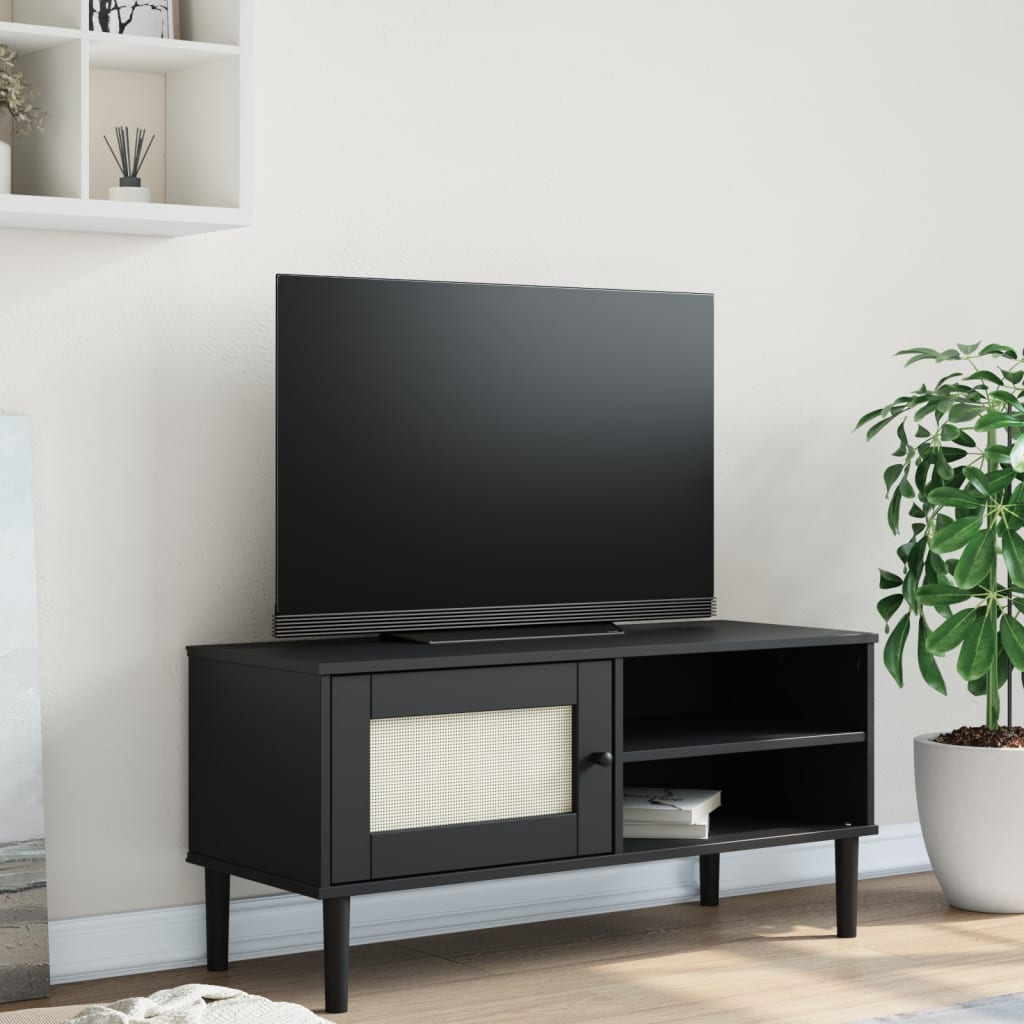 vidaXL Meuble TV SENJA aspect rotin noir 106x40x49cm bois massif pin