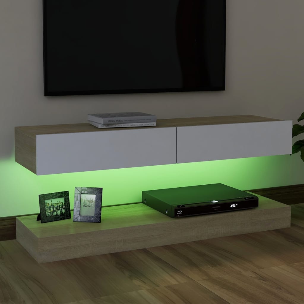 vidaXL Meuble TV avec lumières LED Blanc et chêne sonoma 120x35 cm