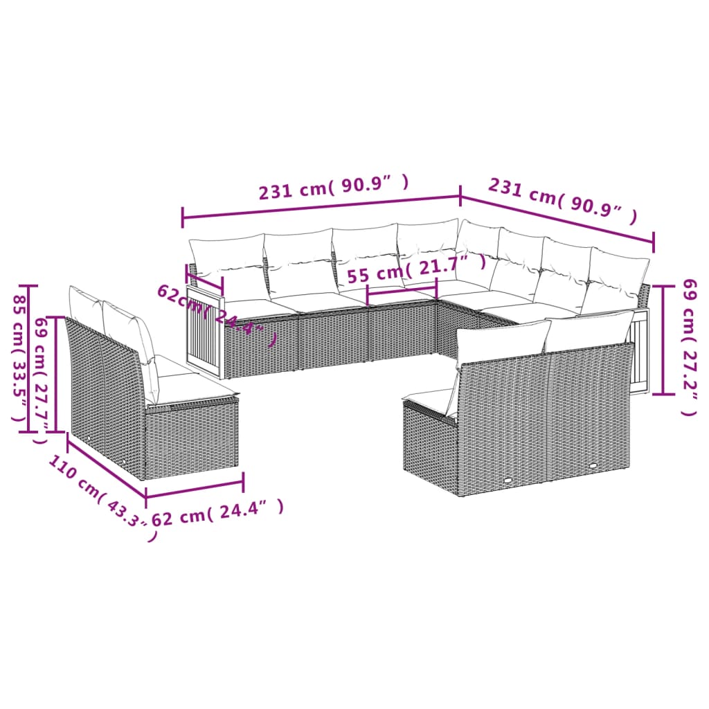 vidaXL Salon de jardin 11 pcs avec coussins beige résine tressée