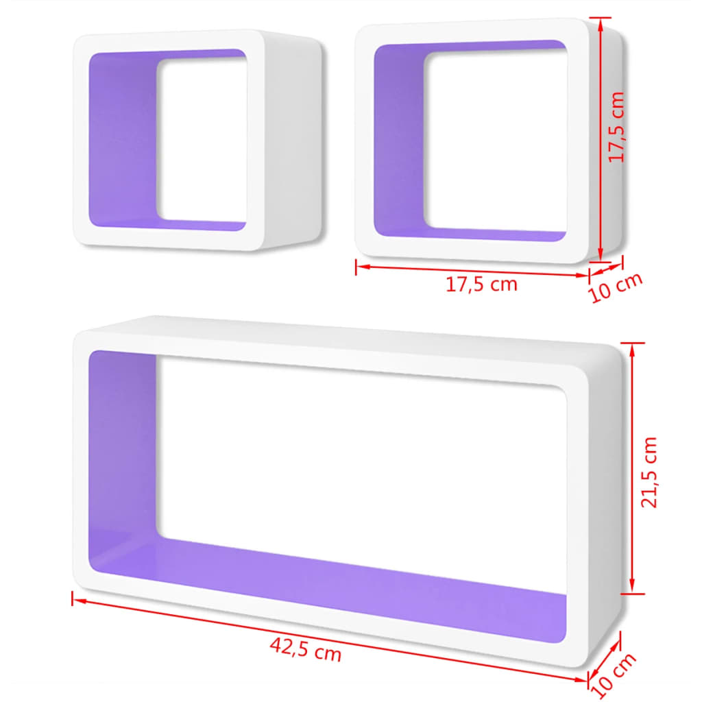 3 Étagères cubes murales et en MDF Blanc-Violet pour DVD/Livres