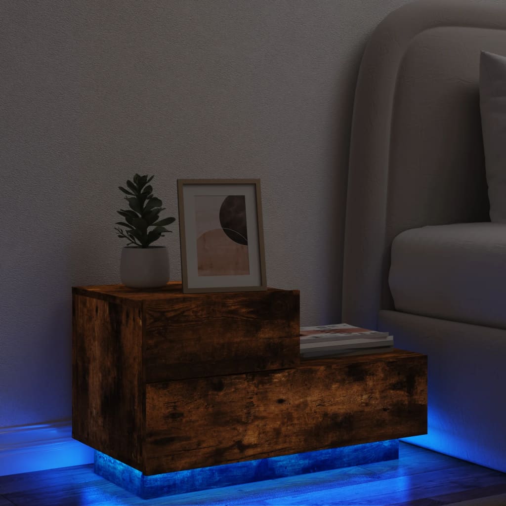 vidaXL Table de chevet avec lumières LED chêne fumé 70x36x40,5 cm