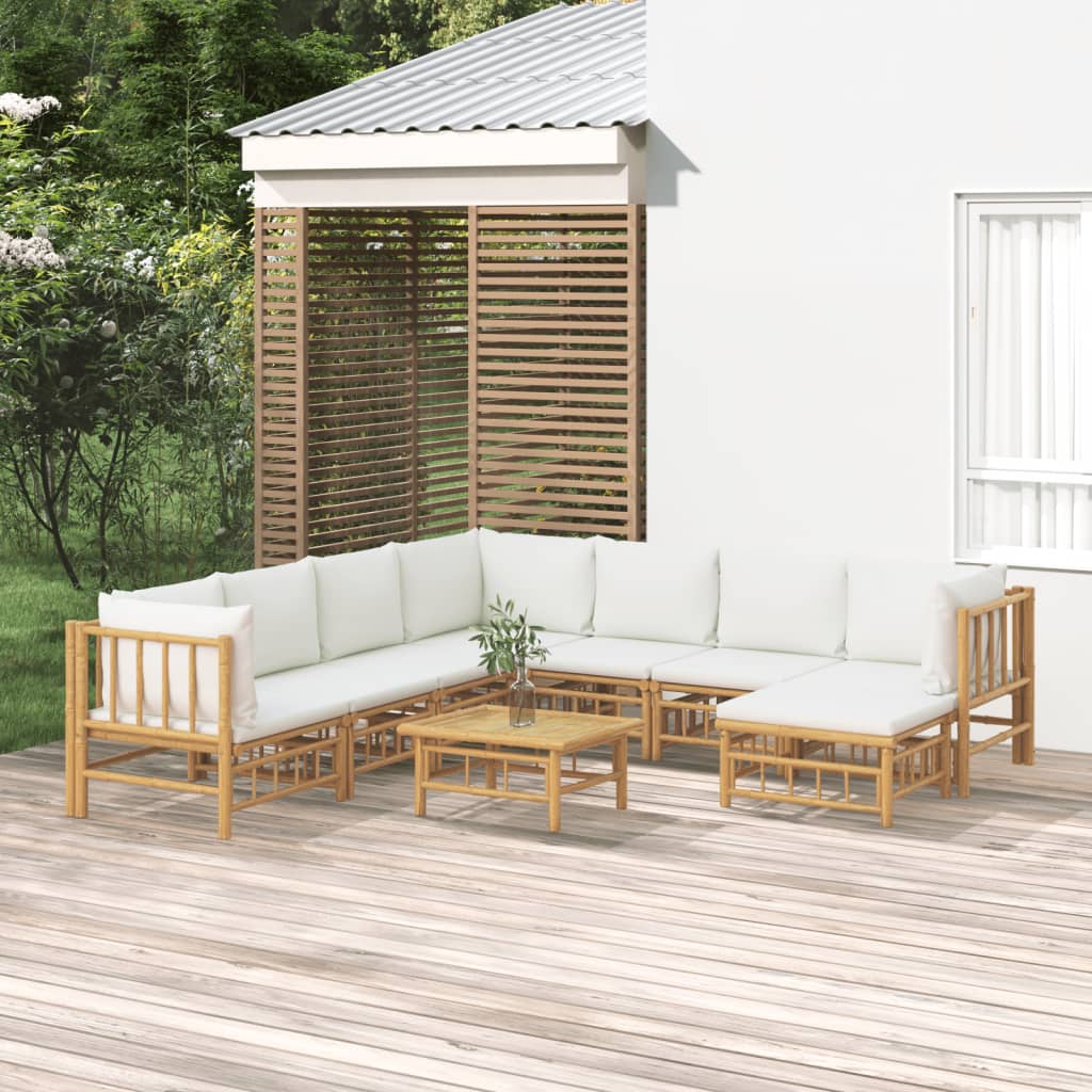 vidaXL Salon de jardin 9 pcs avec coussins blanc crème bambou