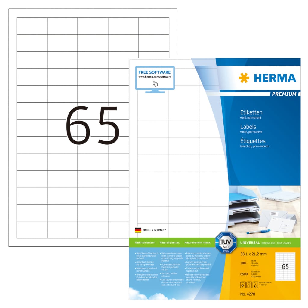 HERMA Étiquettes permanentes PREMIUM A4 38,1x21,2 mm 100 Feuilles