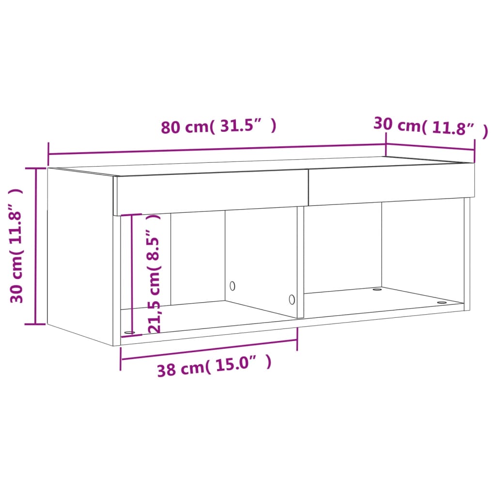 vidaXL Meuble TV avec lumières LED gris béton 80x30x30 cm