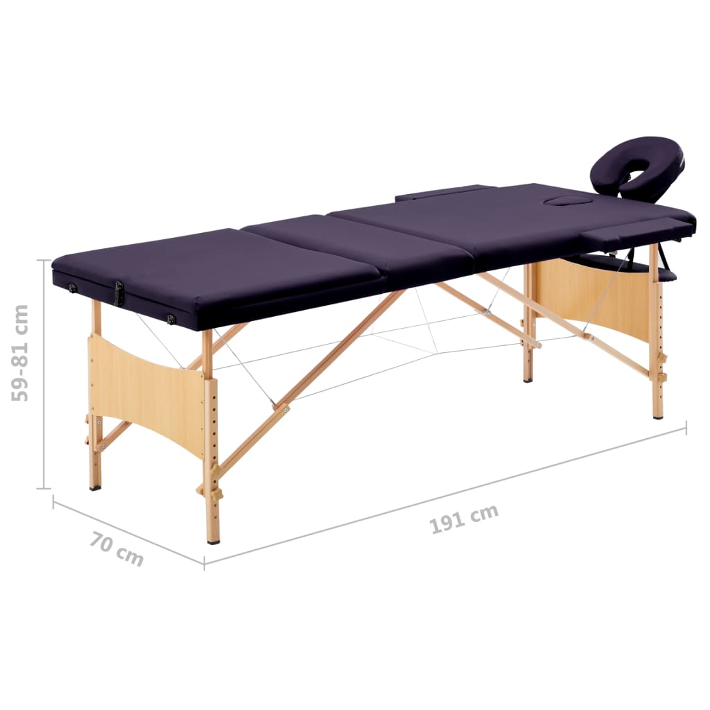 vidaXL Table de massage pliable 3 zones Bois Violet