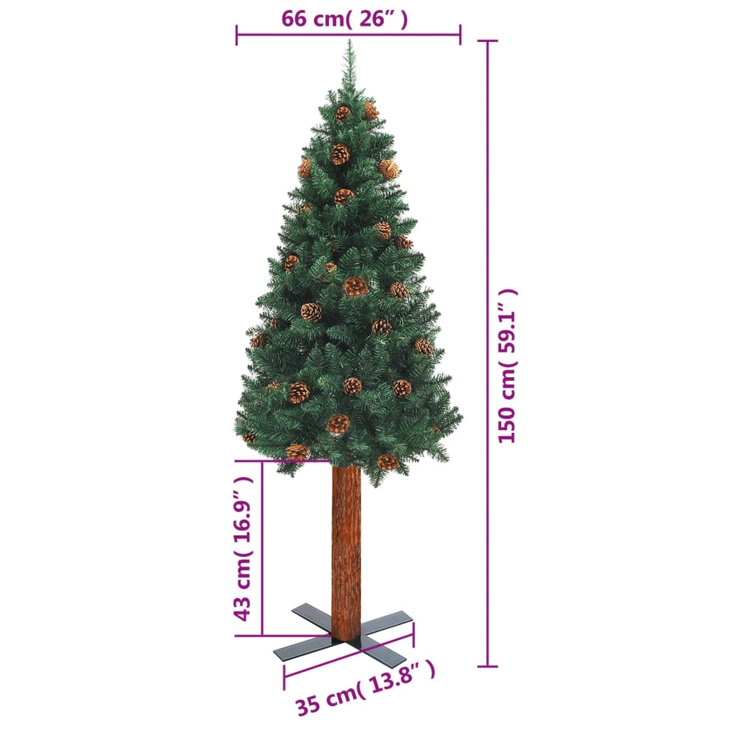 vidaXL Sapin de Noël mince avec bois véritable et cônes vert 150cm PVC