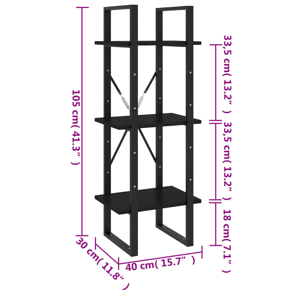 vidaXL Bibliothèque à 3 niveaux Noir 40x30x105 cm Bois de pin massif