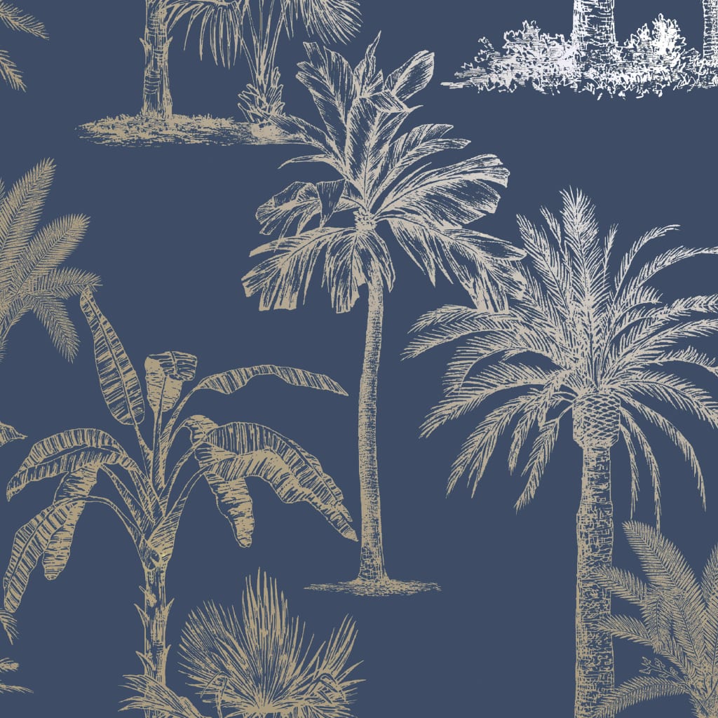 DUTCH WALLCOVERINGS Papier peint Arbres tropicaux Bleu et argenté
