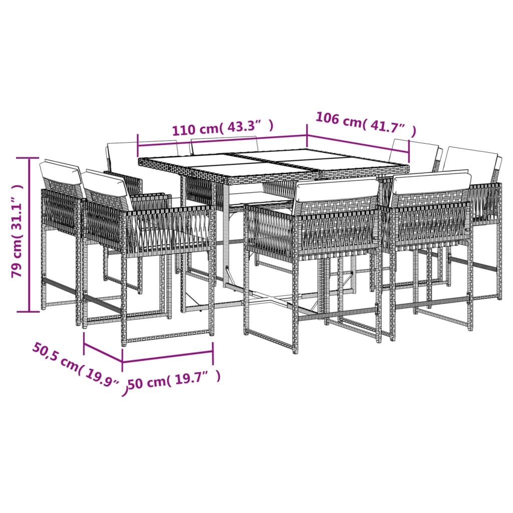 vidaXL Ensemble à manger de jardin et coussins 9 pcs beige Poly rotin