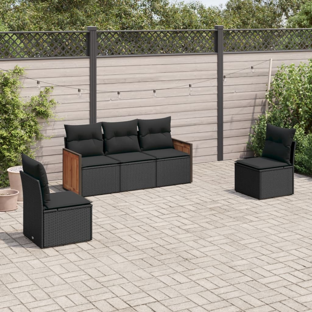 vidaXL Salon de jardin 5 pcs avec coussins noir résine tressée