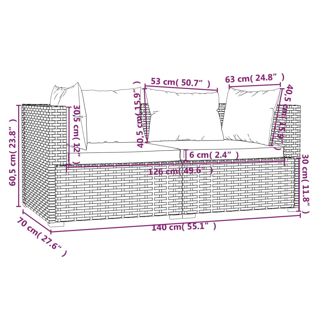 vidaXL Salon de jardin 3 pcs avec coussins Noir Résine tressée