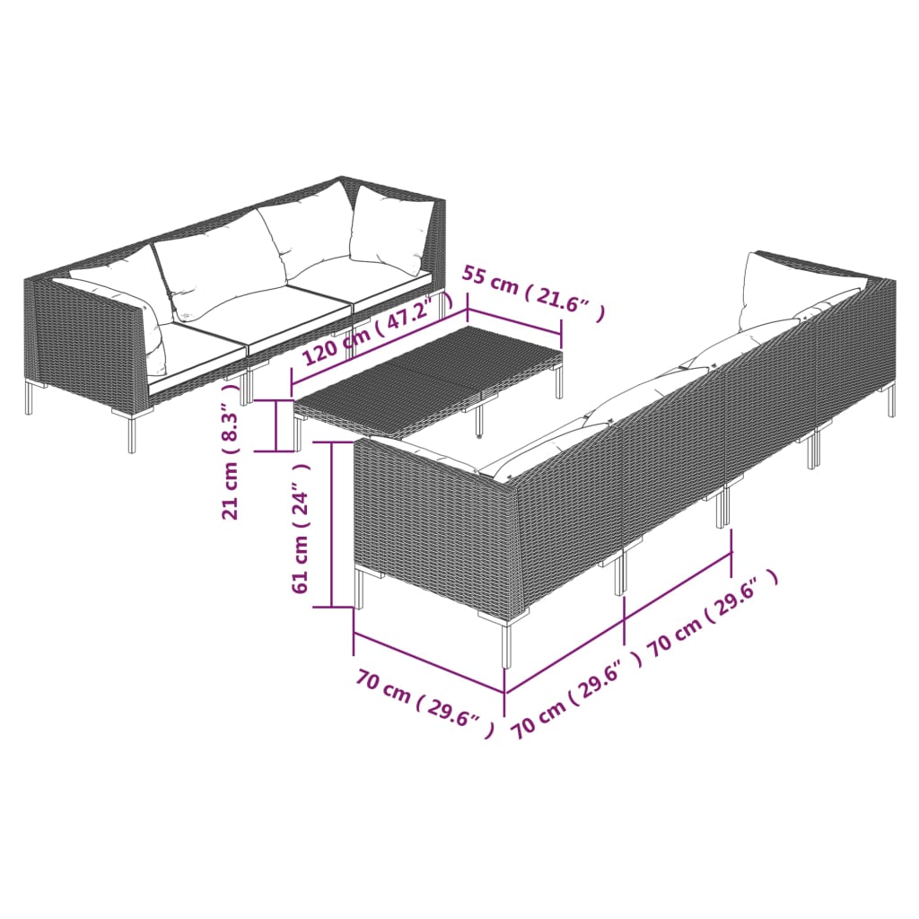 vidaXL Salon de jardin 8 pcs avec coussins Résine tressée Gris foncé