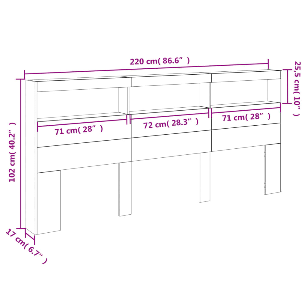 vidaXL Armoire tête de lit avec LED gris béton 220x17x102 cm