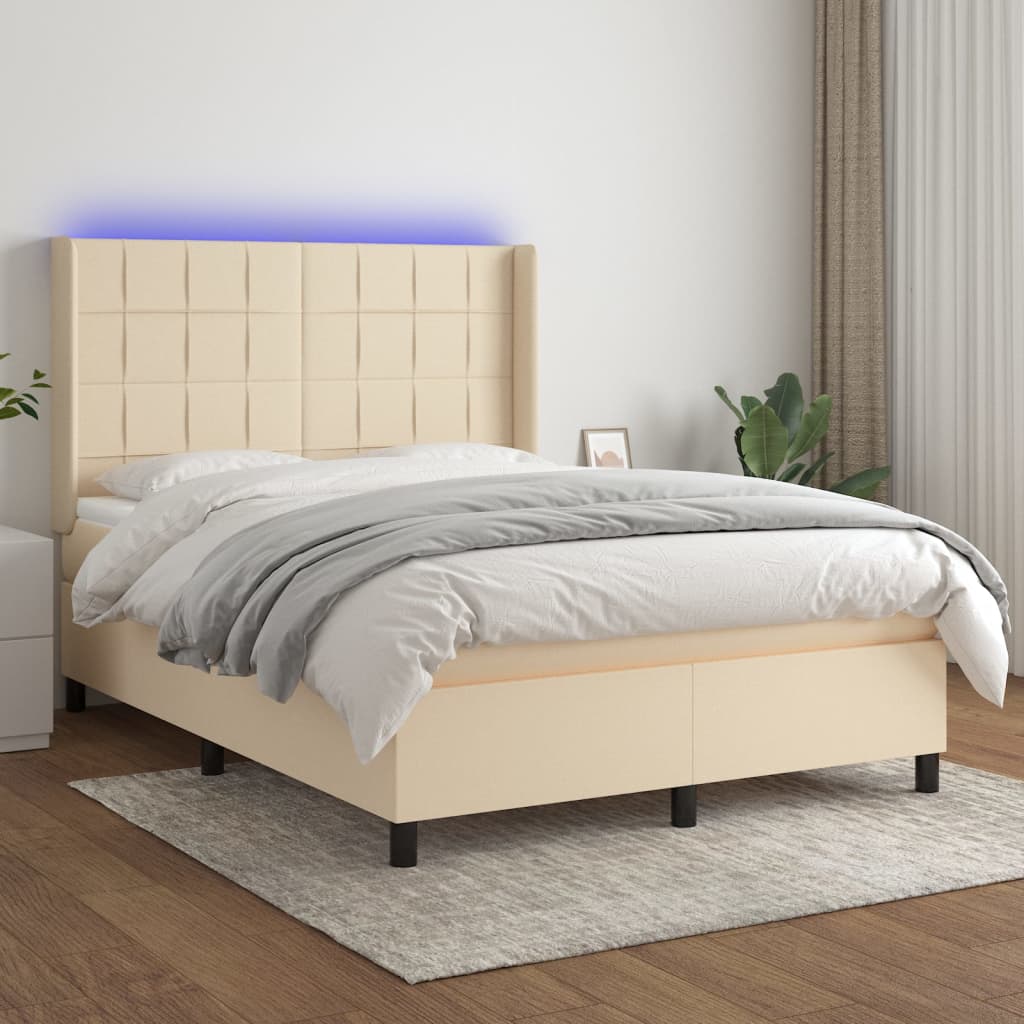 vidaXL Sommier à lattes de lit matelas et LED Crème 140x190 cm Tissu