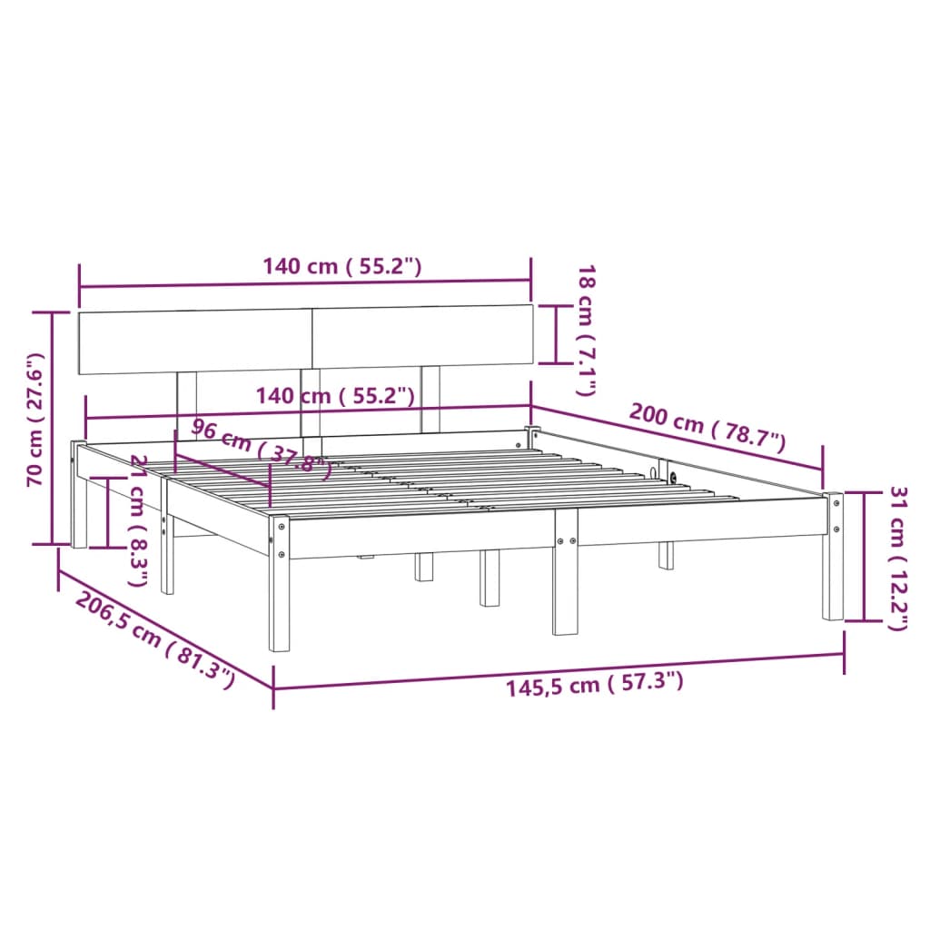 vidaXL Cadre de lit Bois de pin massif 140x200 cm