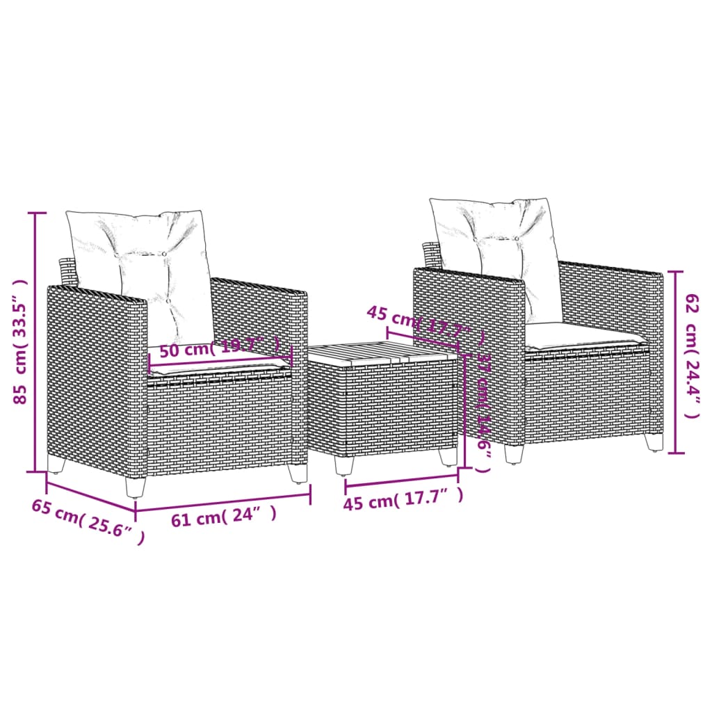 vidaXL Ensemble de bistro 3 pcs et coussins noir résine tressée acacia