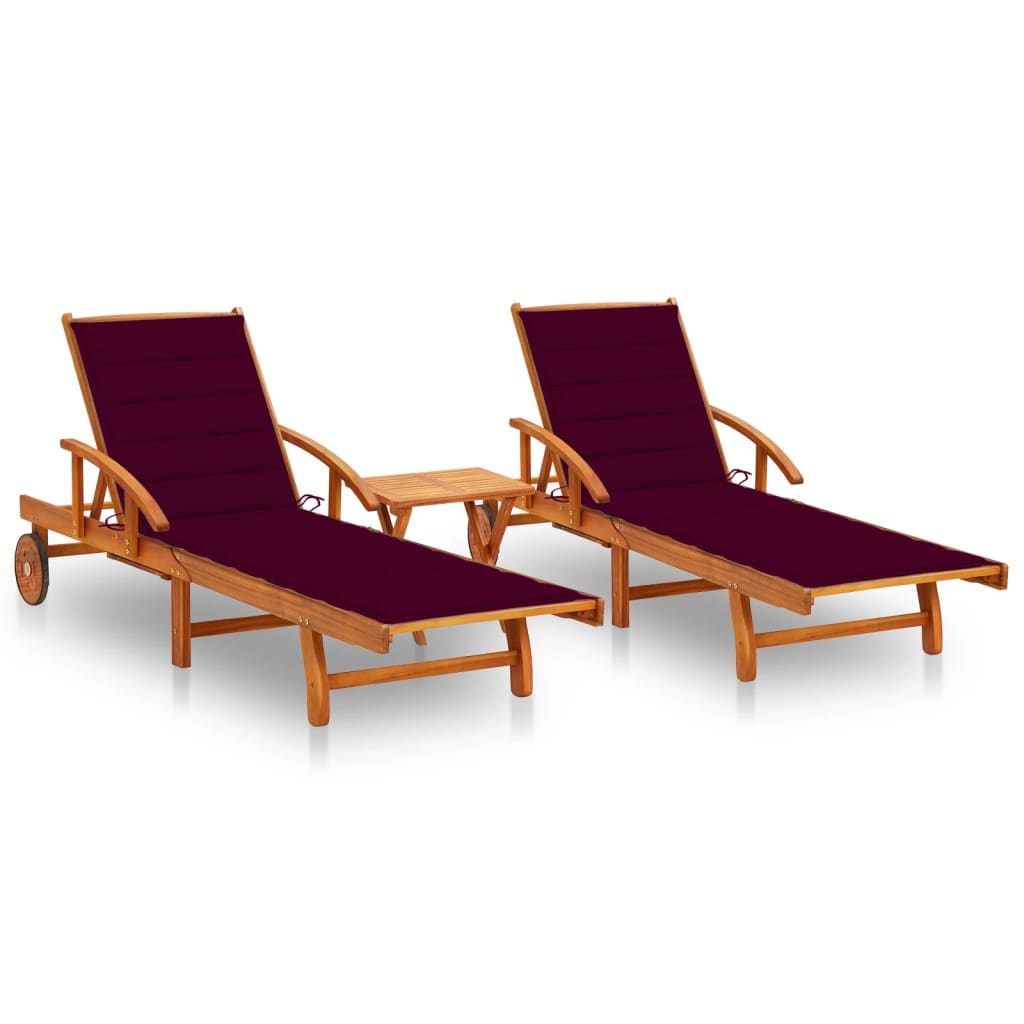 vidaXL Chaises longues 2 pcs avec table et coussins Acacia solide