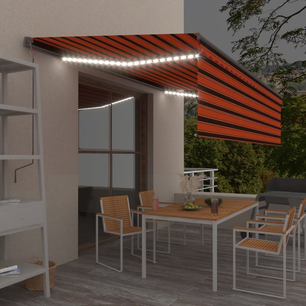 vidaXL Auvent manuel rétractable avec store et LED 5x3 m Orange marron