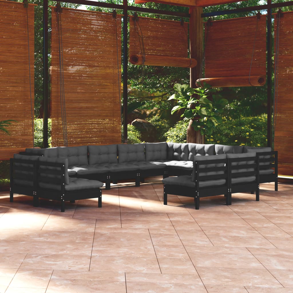 vidaXL Salon de jardin 12 pcs avec coussins Noir Bois de pin solide