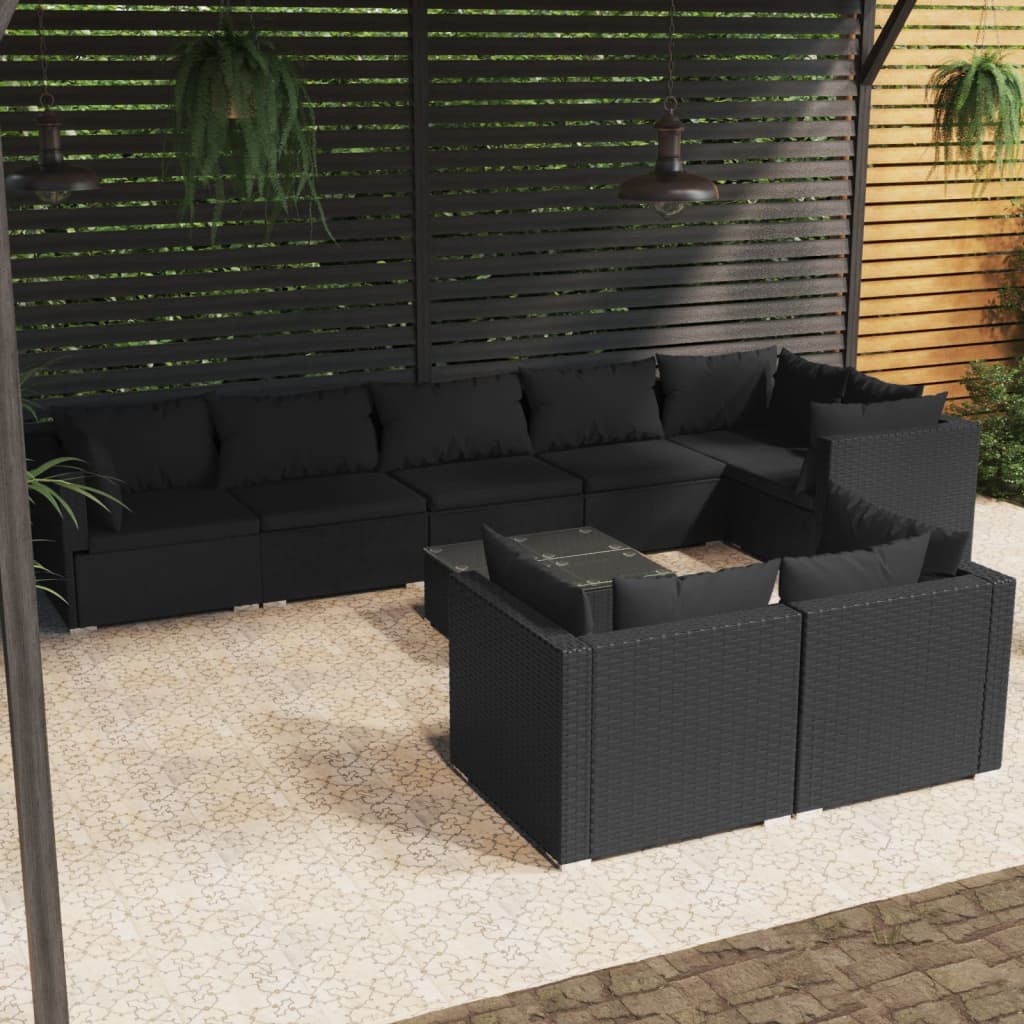 vidaXL Salon de jardin 9 pcs avec coussins Noir Résine tressée