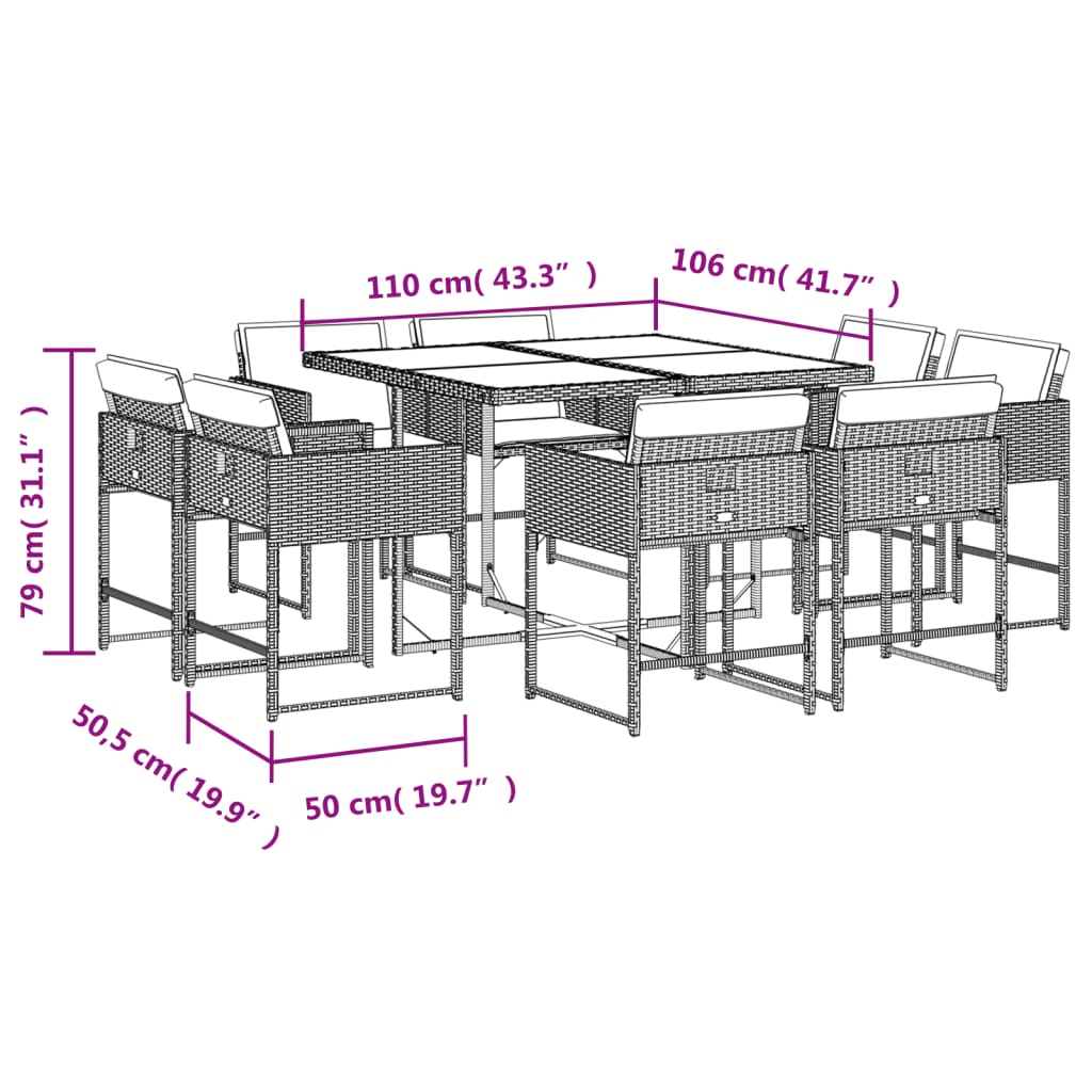 vidaXL Ensemble à manger de jardin 9pcs coussins noir résine tressée