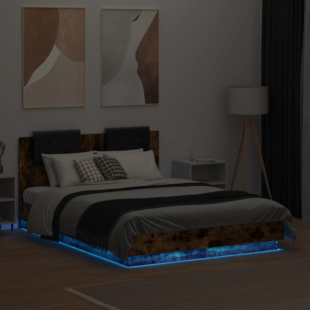 vidaXL Cadre de lit tête de lit et lumières LED chêne fumé 120x190 cm