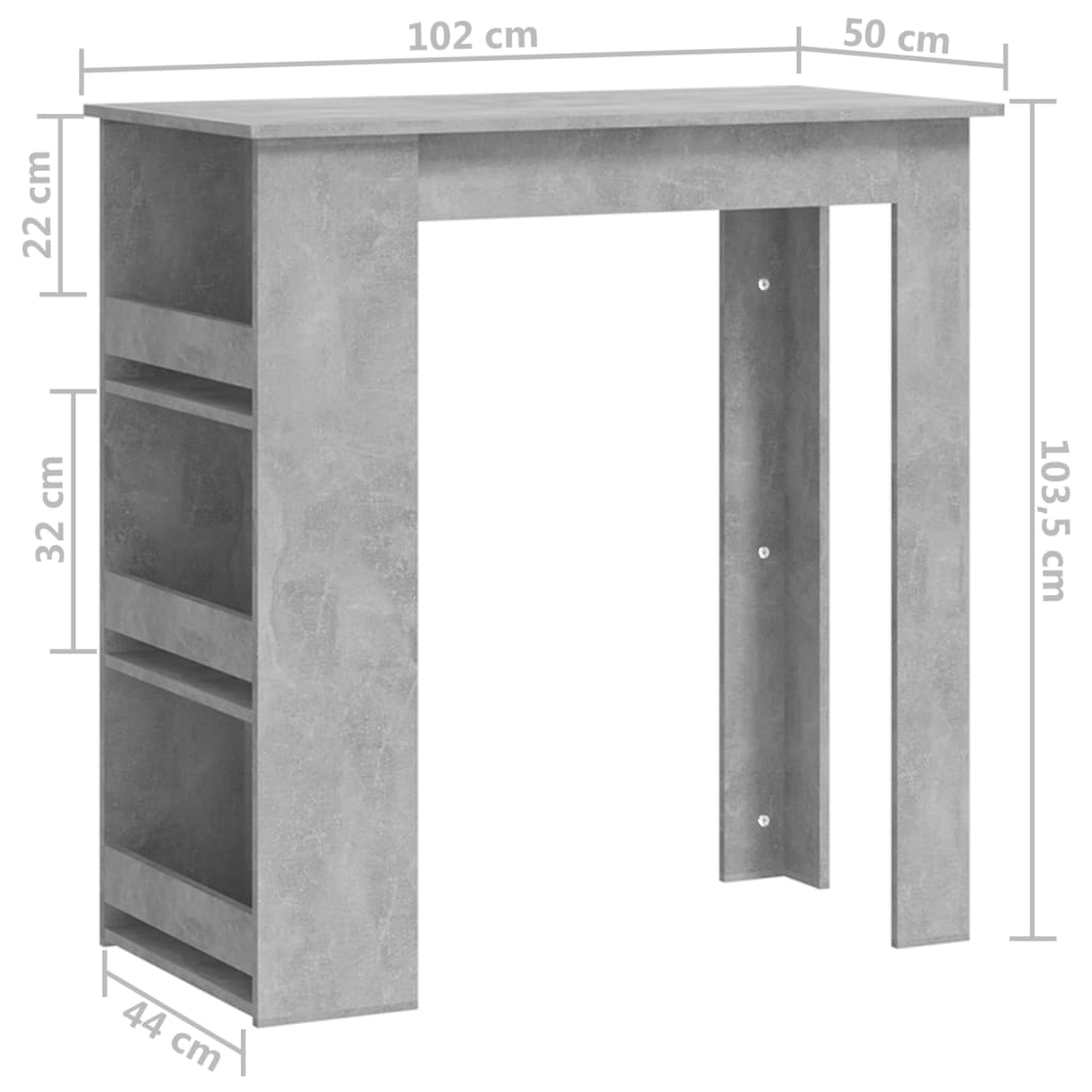 vidaXL Table de bar à étagère de rangement Gris béton 102x50x103,5 cm