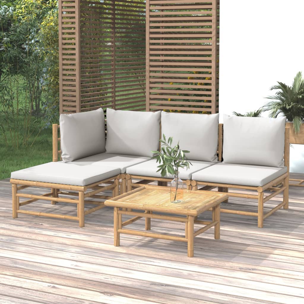 vidaXL Salon de jardin 5 pcs avec coussins gris clair bambou