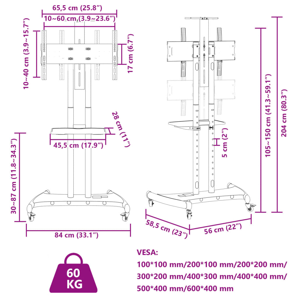 vidaXL Meuble TV sur roulettes pour écran 32-70 pouces max VESA