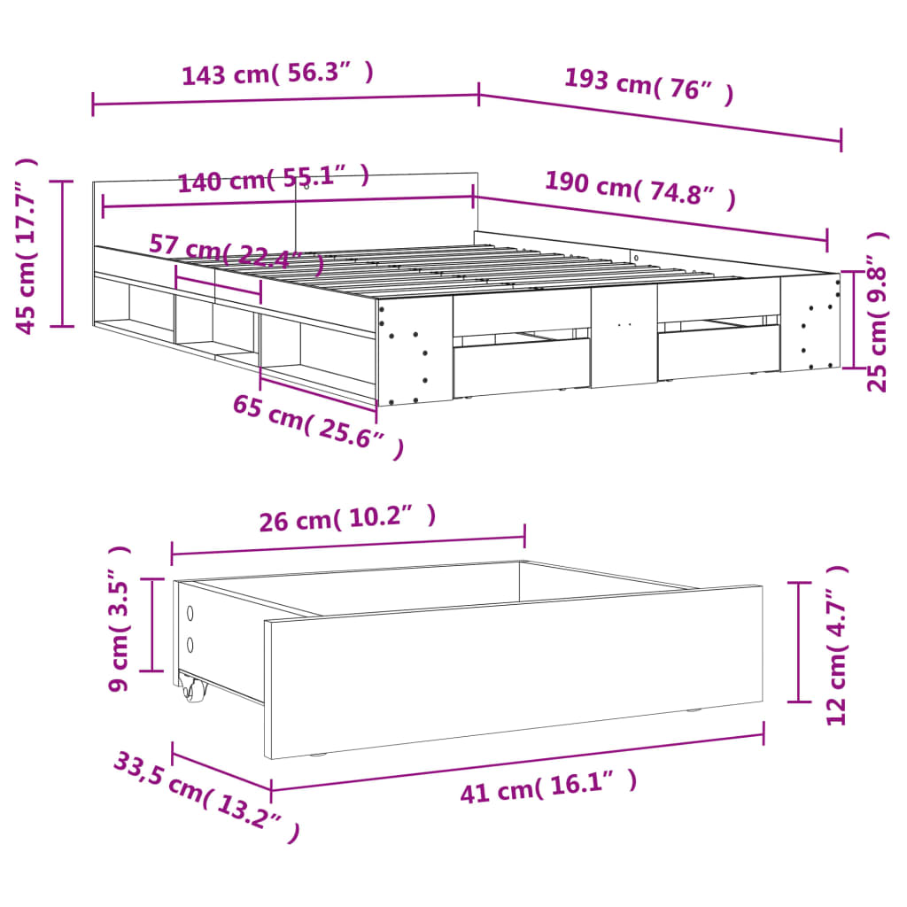 vidaXL Cadre de lit avec tiroirs sans matelas sonoma gris 140x190 cm