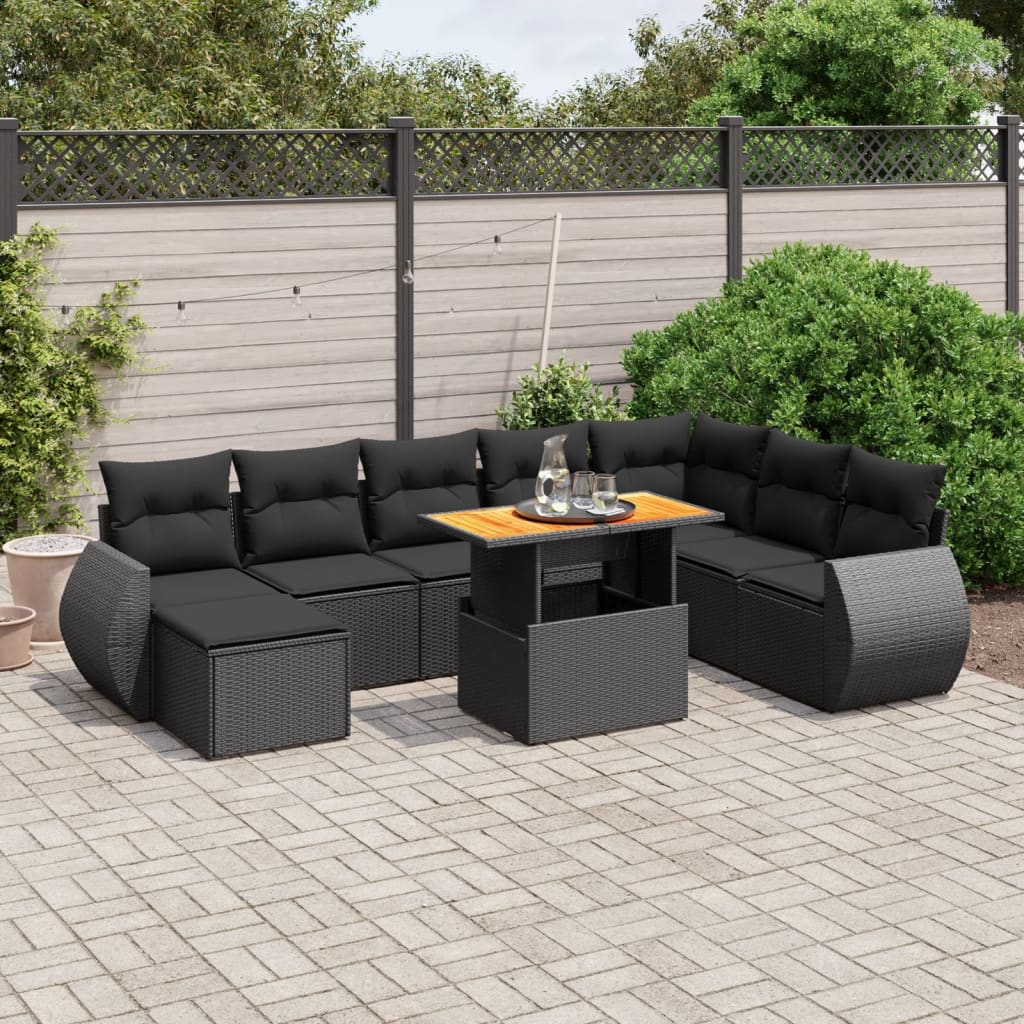 vidaXL Salon de jardin 9 pcs avec coussins noir résine tressée