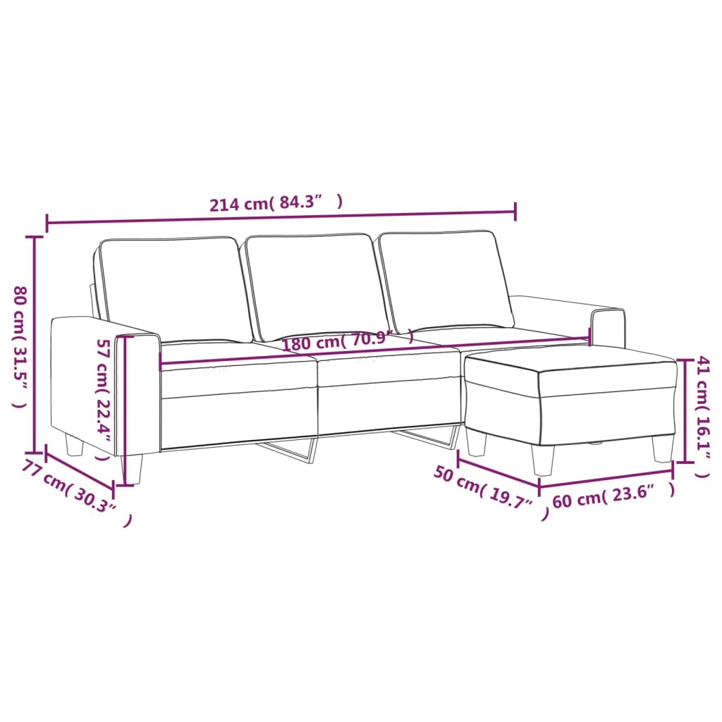 vidaXL Canapé à 3 places avec repose-pieds Jaune clair 180 cm Tissu