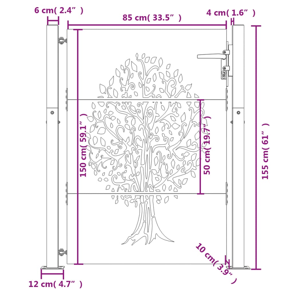 vidaXL Portail de jardin 105x155 cm acier corten conception de l'arbre