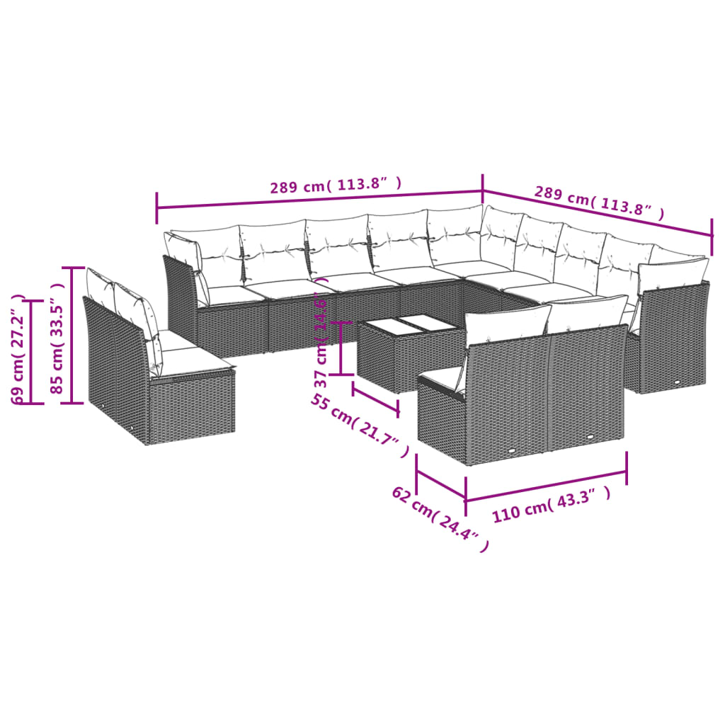 vidaXL Salon de jardin avec coussins 14 pcs noir résine tressée