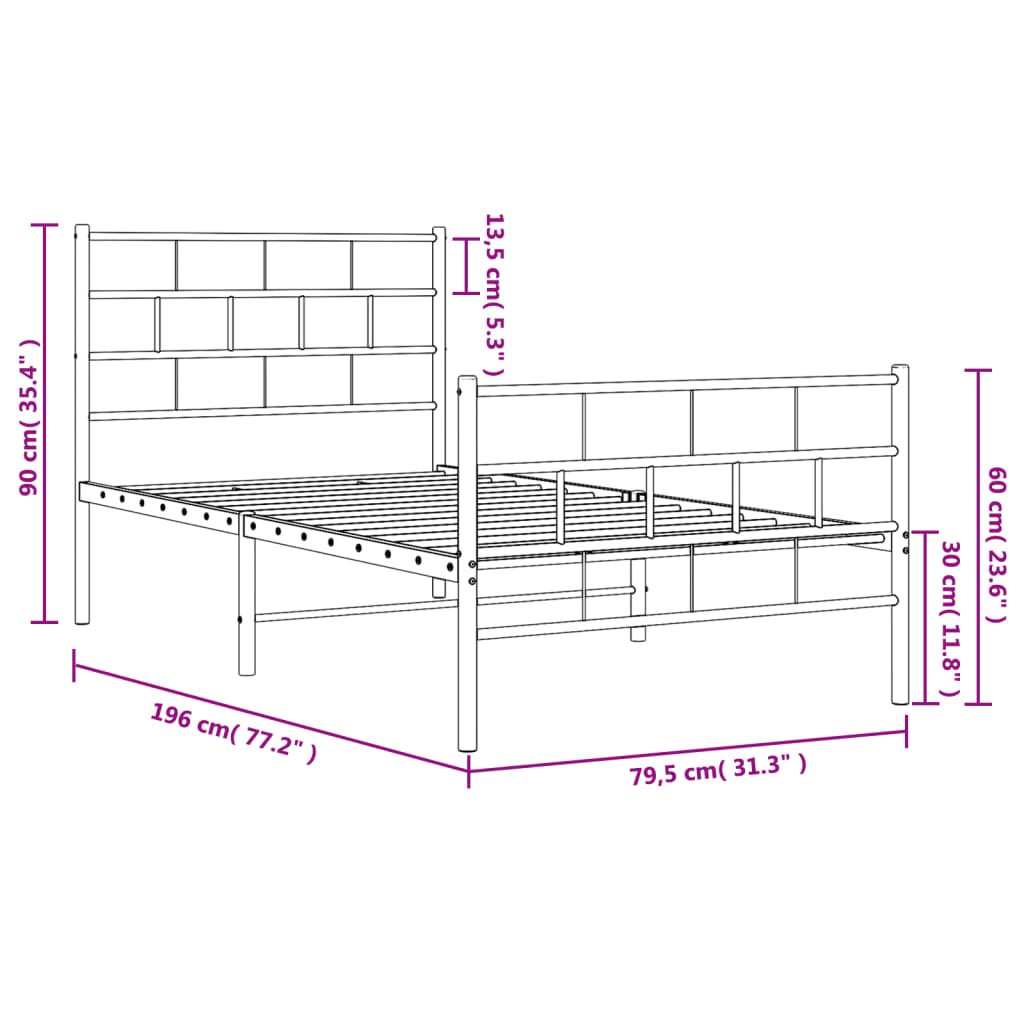 vidaXL Cadre de lit métal avec tête de lit/pied de lit blanc 75x190 cm