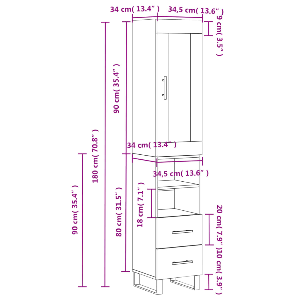 vidaXL Buffet haut Sonoma gris 34,5x34x180 cm Bois d'ingénierie