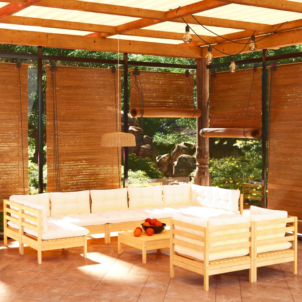vidaXL Salon de jardin 10 pcs avec coussins crème Bois de pin massif