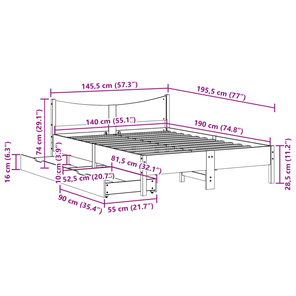 vidaXL Cadre de lit avec tiroirs cire marron 140x190cm bois pin massif