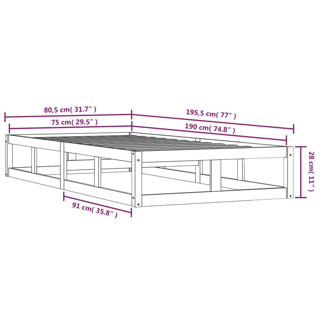 vidaXL Cadre de lit sans matelas 75x190 cm bois massif