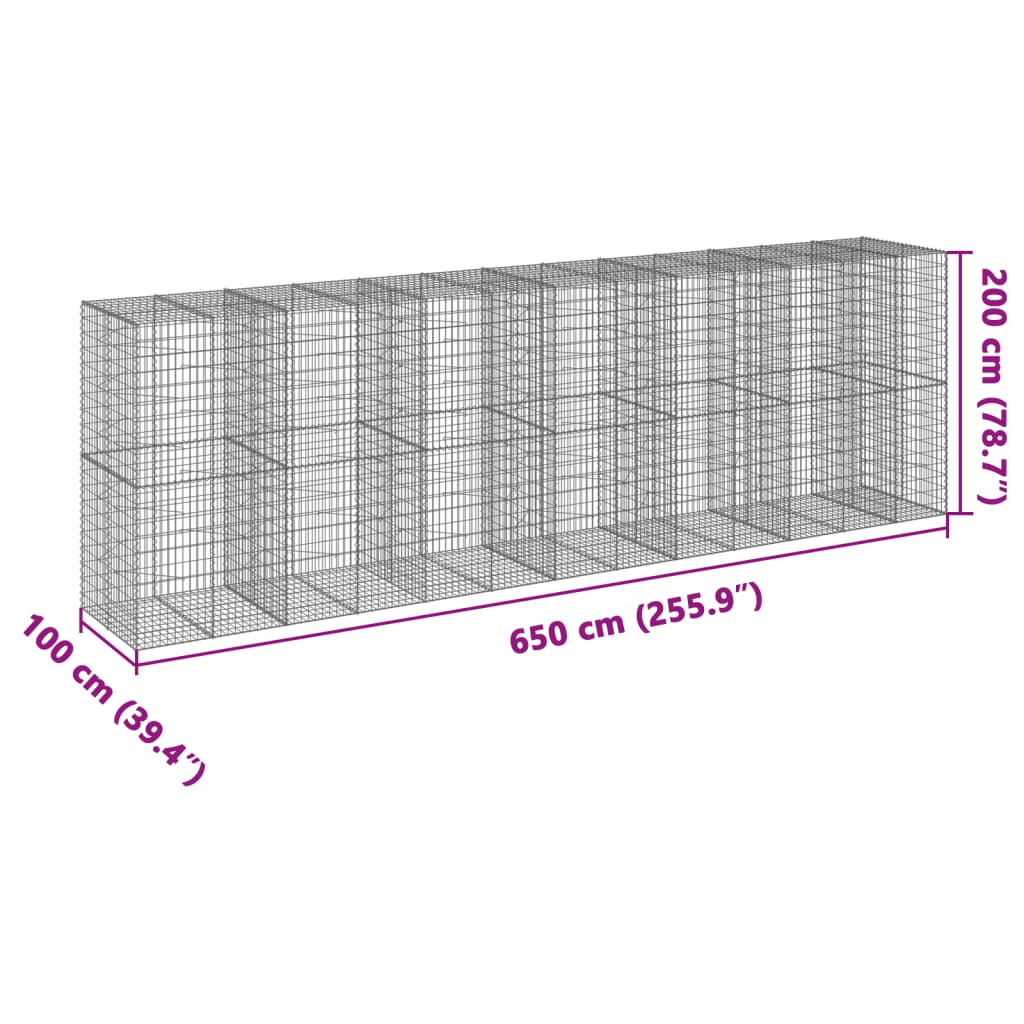 vidaXL Panier gabion avec couvercle 650x100x200 cm fer galvanisé