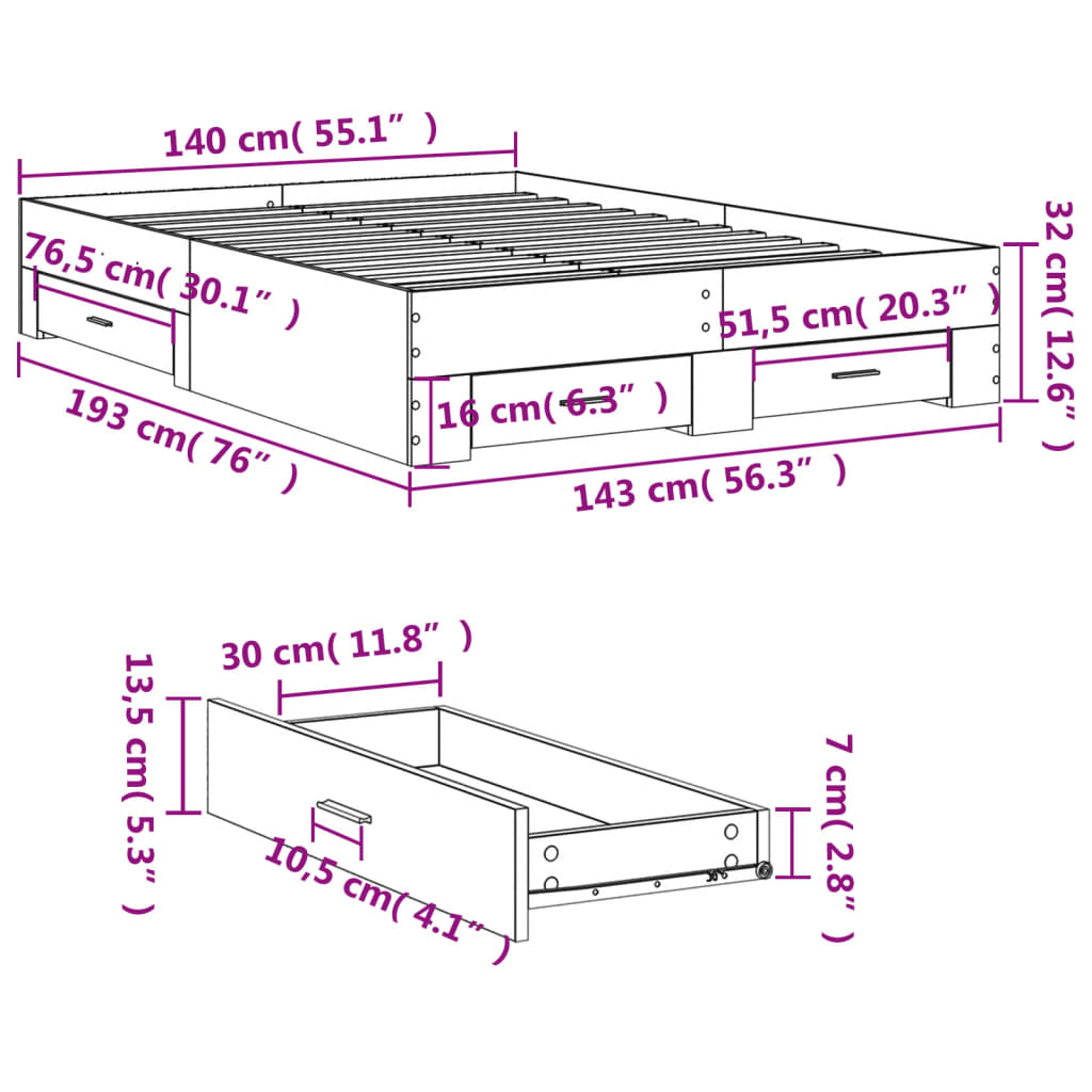 vidaXL Cadre de lit avec tiroirs sans matelas sonoma gris 140x190 cm