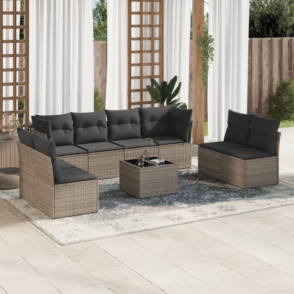 vidaXL Salon de jardin 9 pcs avec coussins gris résine tressée