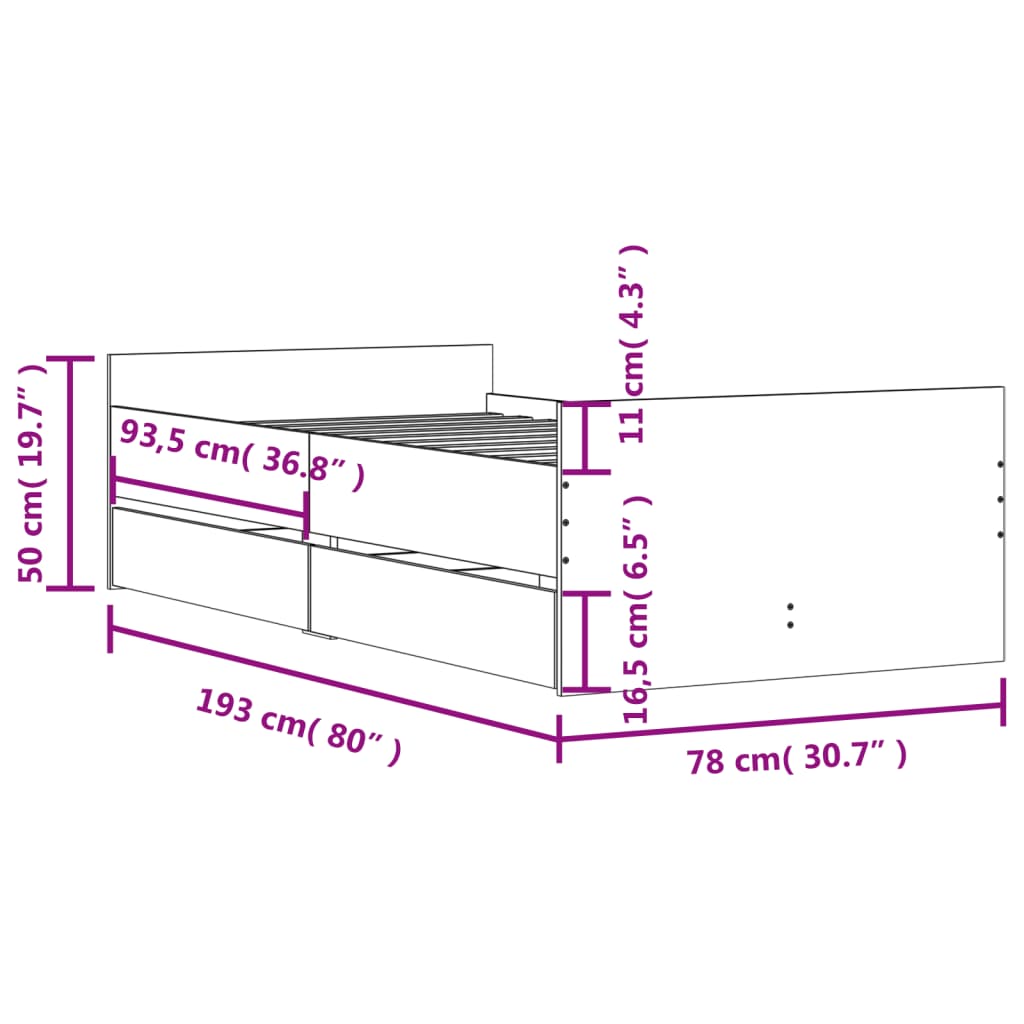 vidaXL Cadre de lit avec tiroirs chêne marron 75x190 cm