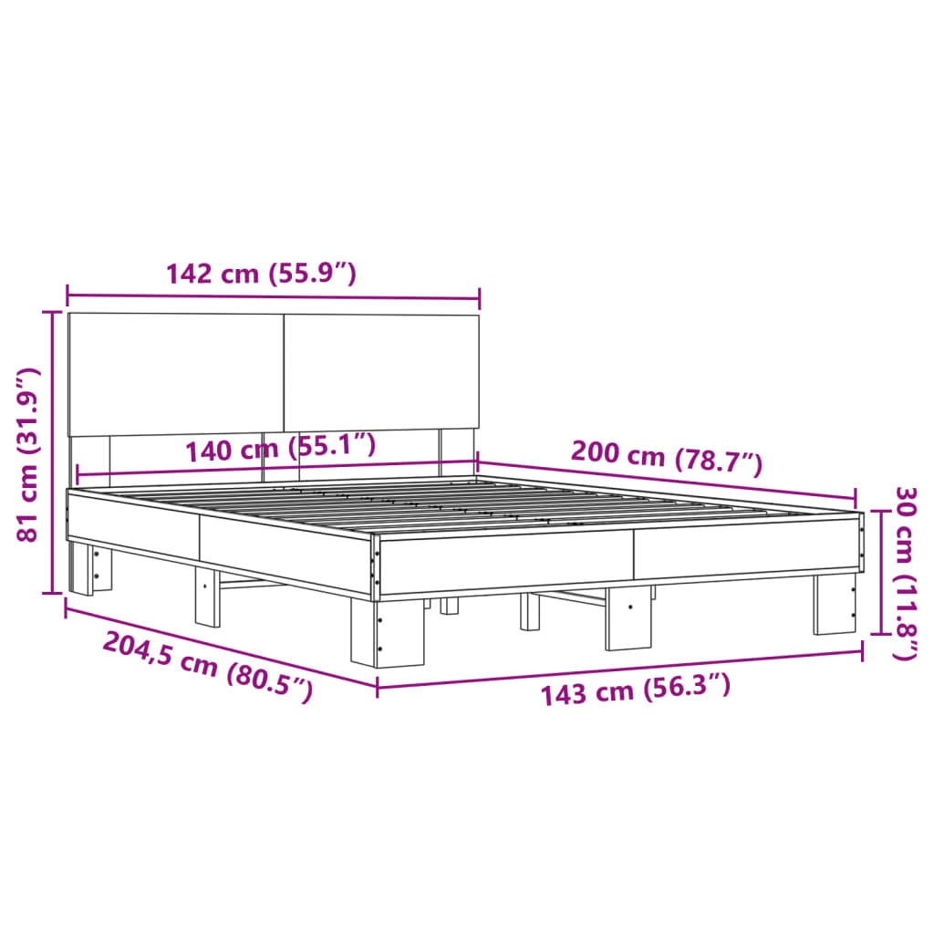 vidaXL Cadre de lit chêne marron 140x200 cm bois d'ingénierie et métal