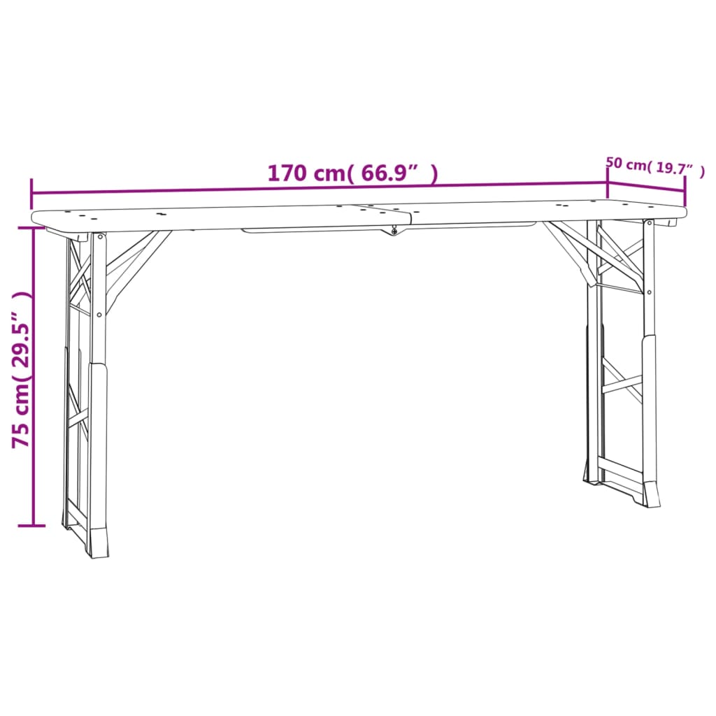 vidaXL Table à bière pliable 170x50x75/105 cm bois massif de sapin