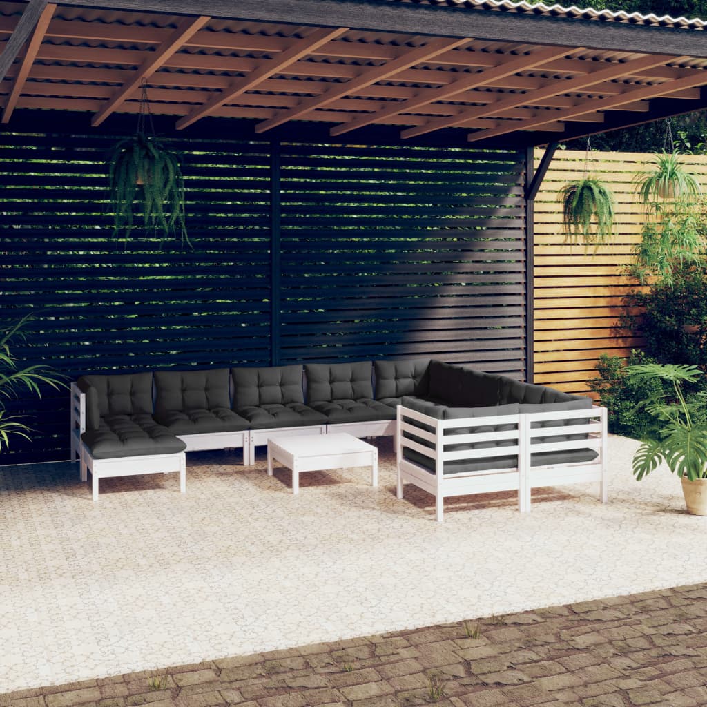 vidaXL Salon de jardin 11 pcs avec coussins blanc bois de pin