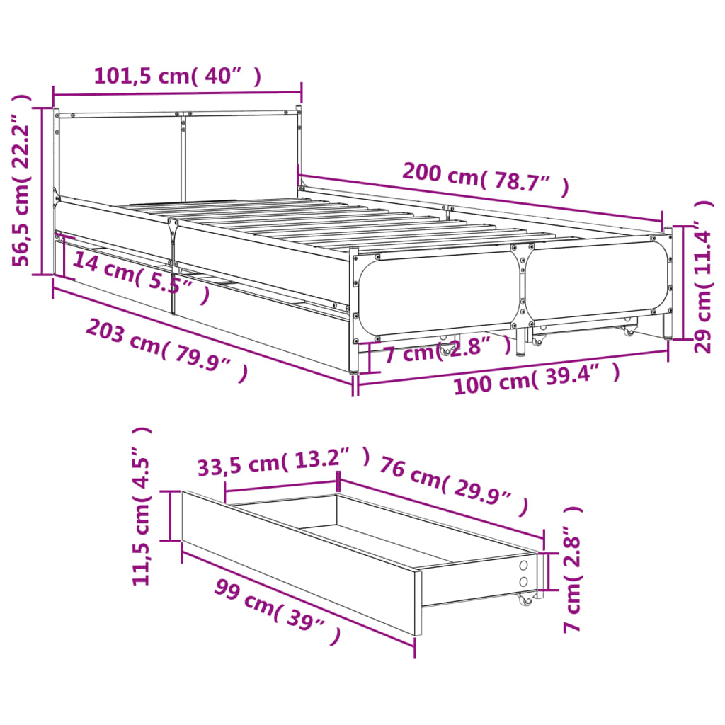 vidaXL Cadre de lit et tiroirs chêne sonoma 100x200 cm bois ingénierie